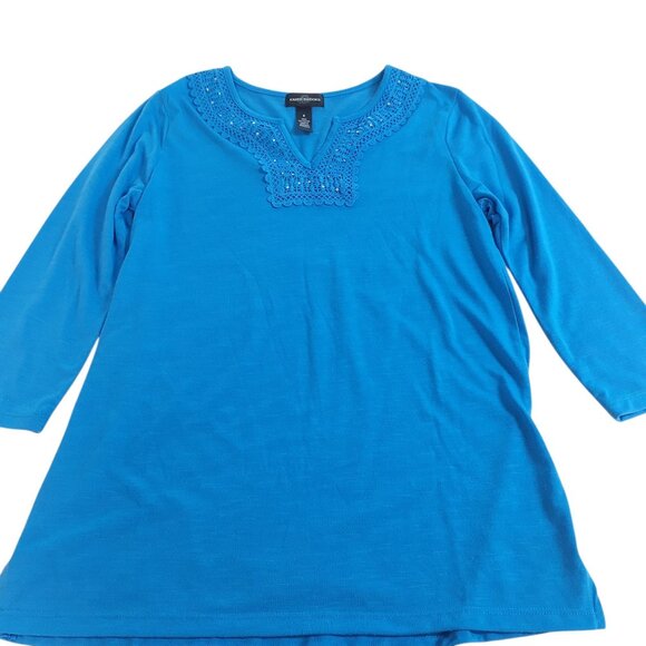 Karen Brooks Top Womens Small Blue Crochet Trim Sequins 3/4 Sleeve - Picture 4 of 4